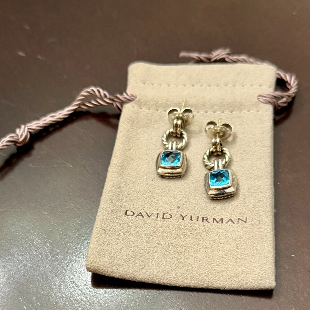 David Yurman Earrings; silver with blue topaz stone;  5 cm drop;